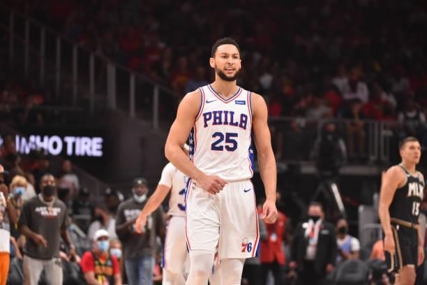 Ben Simmons of the Philadelphia 76ers reacts during a game against the Atlanta Hawks during Round 2, Game 6 of the Eastern Conference Playoffs on...