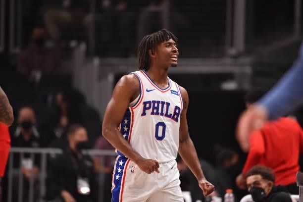 Tyrese Maxey of the Philadelphia 76ers reacts during a game against the Atlanta Hawks during Round 2, Game 6 of the Eastern Conference Playoffs on...