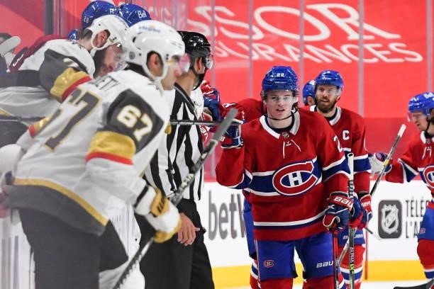 June 18: Cole Caufield of the Montreal Canadiens celebrates with the bench after scoring a goal against the Vegas Golden Knights in Game Three of the...