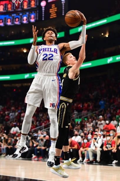 Matisse Thybulle of the Philadelphia 76ers grabs the rebound against the Atlanta Hawks during Round 2, Game 6 of the Eastern Conference Playoffs on...