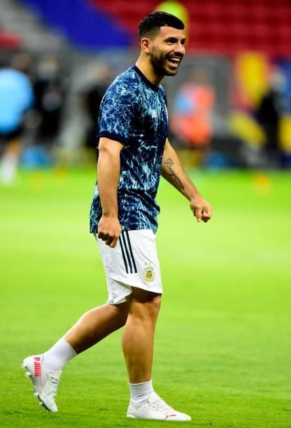 Sergio Aguero of Argentina during the match between Argentina and Uruguay as part of Conmebol Copa America Brazil 2021 at Mane Garrincha Stadium on...