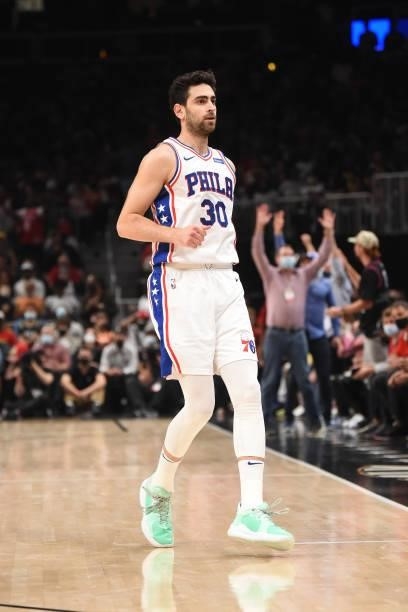 Furkan Korkmaz of the Philadelphia 76ers runs on during a game against the Atlanta Hawks during Round 2, Game 6 of the Eastern Conference Playoffs on...