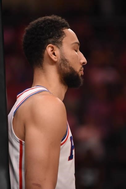 Ben Simmons of the Philadelphia 76ers looks on during a game against the Atlanta Hawks during Round 2, Game 6 of the Eastern Conference Playoffs on...