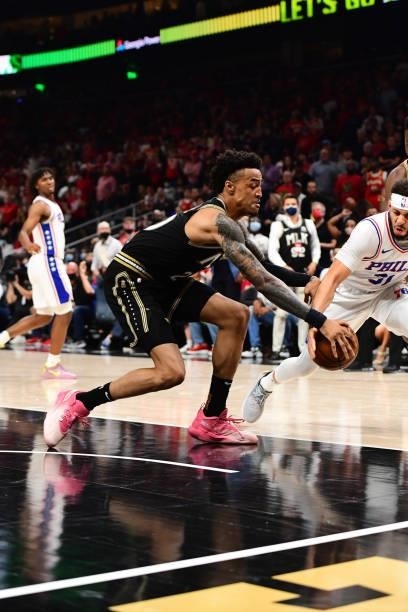 John Collins of the Atlanta Hawks goes after the ball during the game Philadelphia 76ers during Round 2, Game 6 of the Eastern Conference Playoffs on...