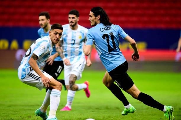 Edinson Cavani of Uruguay competes for the ball with Nahuel Molina of Argentina ,during the match between Argentina and Uruguay as part of Conmebol...