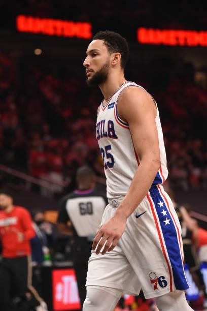 Ben Simmons of the Philadelphia 76ers looks on during a game against the Atlanta Hawks during Round 2, Game 6 of the Eastern Conference Playoffs on...