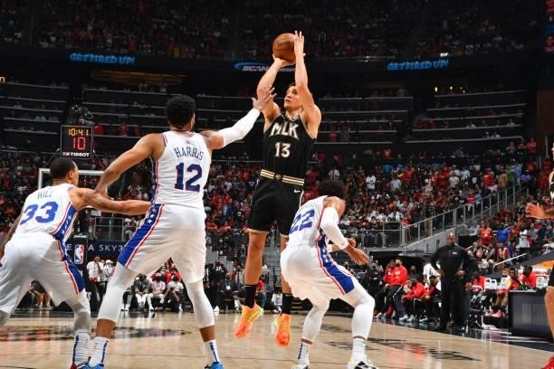 Bogdan Bogdanovic of the Atlanta Hawks shoots the ball against the Philadelphia 76ers during Round 2, Game 6 of the Eastern Conference Playoffs on...