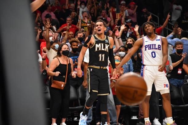 Trae Young of the Atlanta Hawks reacts during a game against the Philadelphia 76ers during Round 2, Game 6 of the Eastern Conference Playoffs on June...