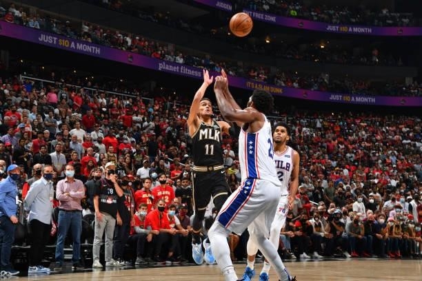 Trae Young of the Atlanta Hawks passes the ball against the Philadelphia 76ers during Round 2, Game 6 of the Eastern Conference Playoffs on June 18,...
