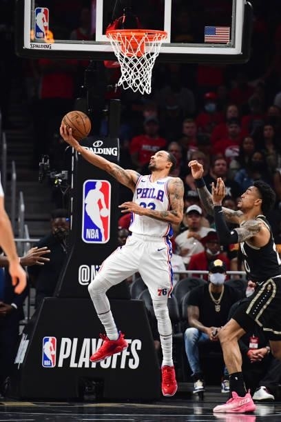 George Hill of the Philadelphia 76ers shoots the ball against the Atlanta Hawks during Round 2, Game 6 of the Eastern Conference Playoffs on June 18,...