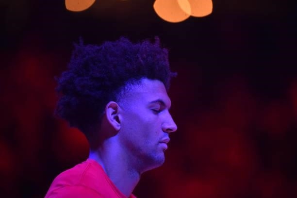 Matisse Thybulle of the Philadelphia 76ers focuses prior to a game against the Atlanta Hawks during Round 2, Game 6 of the Eastern Conference...