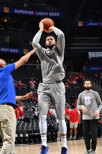Ben Simmons of the Philadelphia 76ers warms up prior to a game against the Atlanta Hawks during Round 2, Game 6 of the Eastern Conference Playoffs on...