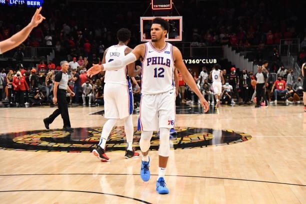 Tobias Harris of the Philadelphia 76ers reacts after a game against the Atlanta Hawks during Round 2, Game 6 of the Eastern Conference Playoffs on...