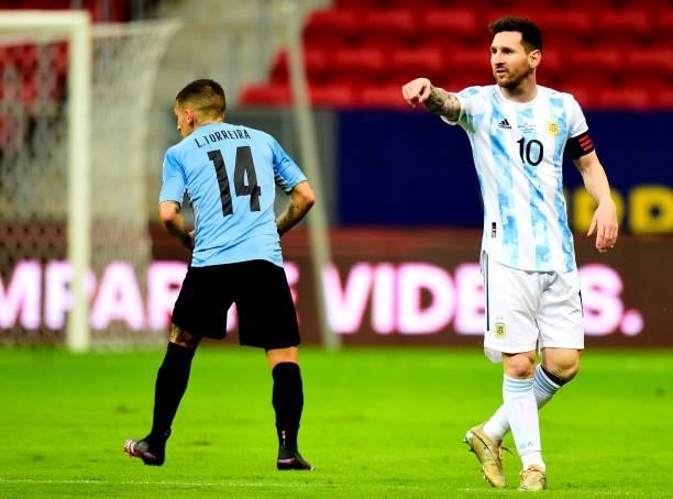 Lionel Messi of Argentina in action during the match between Argentina and Uruguay as part of Conmebol Copa America Brazil 2021 at Mane Garrincha...