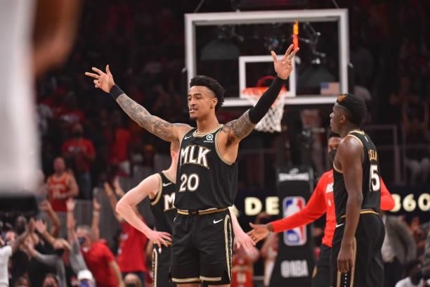 John Collins of the Atlanta Hawks reacts during a game against the Philadelphia 76ers during Round 2, Game 6 of the Eastern Conference Playoffs on...