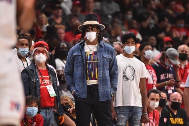 Player, Cam Newton, attends a game between the Philadelphia 76ers and the Atlanta Hawks during Round 2, Game 6 of the Eastern Conference Playoffs on...