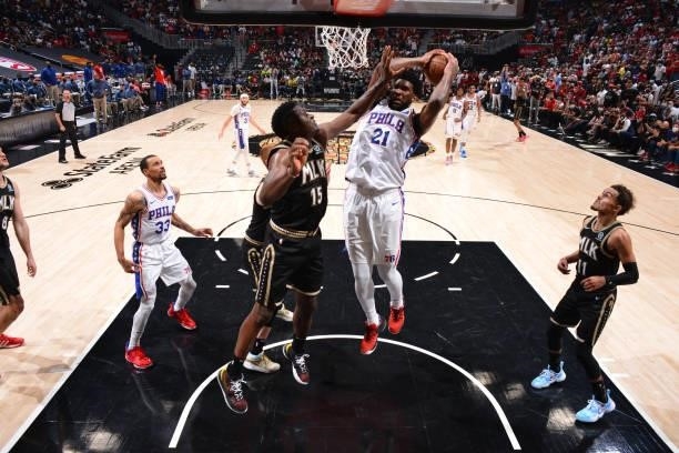 Joel Embiid of the Philadelphia 76ers grabs the rebound against the Atlanta Hawks during Round 2, Game 6 of the Eastern Conference Playoffs on June...