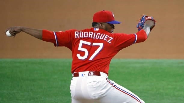 Joely Rodriguez of the Texas Rangers pitches against the Minnesota Twins during the eighth inning at Globe Life Field on June 18, 2021 in Arlington,...