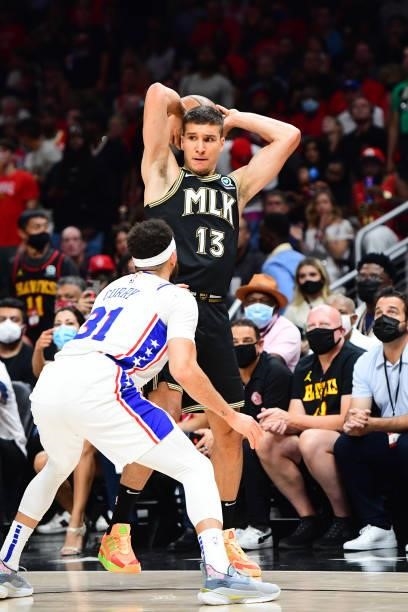 Bogdan Bogdanovic of the Atlanta Hawks looks to pass the ball against the Philadelphia 76ers during Round 2, Game 6 of the Eastern Conference...