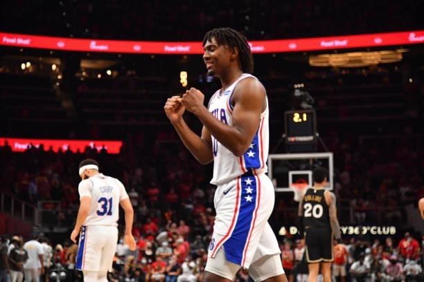 Tyrese Maxey of the Philadelphia 76ers reacts after a game against the Atlanta Hawks during Round 2, Game 6 of the Eastern Conference Playoffs on...