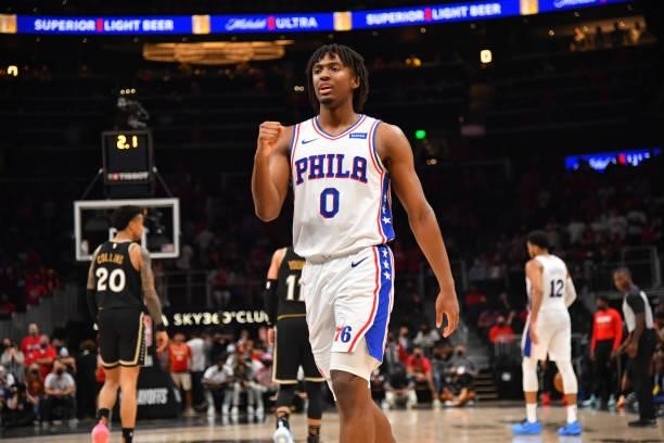 Tyrese Maxey of the Philadelphia 76ers reacts after a game against the Atlanta Hawks during Round 2, Game 6 of the Eastern Conference Playoffs on...
