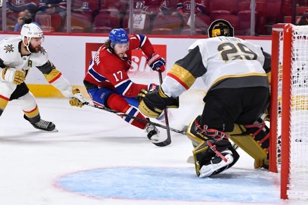June 18: Alex Pietrangelo and goalie Marc-Andre Fleury of the Vegas Golden Knights protect the net against Josh Anderson of the Montreal Canadiens in...