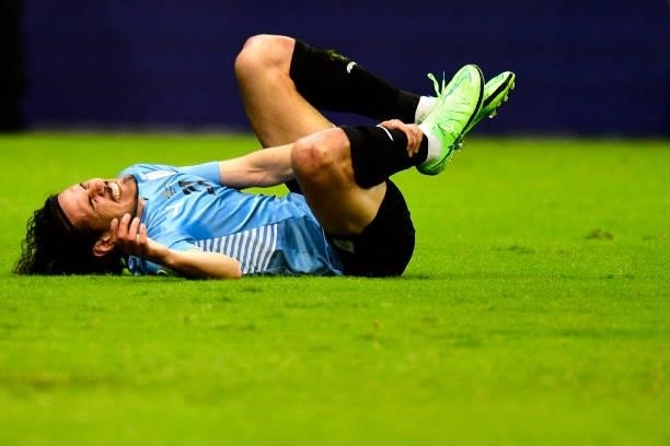Edinson Cavani of Uruguay is injured during the match between Argentina and Uruguay as part of Conmebol Copa America Brazil 2021 at Mane Garrincha...