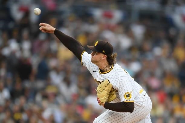 Chris Paddack of the San Diego Padres pitches during the first inning of a baseball game against the Cincinnati Reds at Petco Park on June 18, 2021...