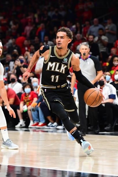 Trae Young of the Atlanta Hawks drives to the basket against the Philadelphia 76ers during Round 2, Game 6 of the Eastern Conference Playoffs on June...