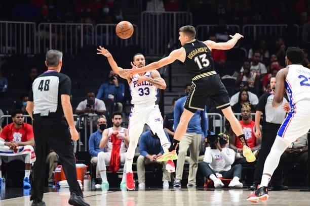 George Hill of the Philadelphia 76ers passes the ball against the Atlanta Hawks during Round 2, Game 6 of the Eastern Conference Playoffs on June 18,...