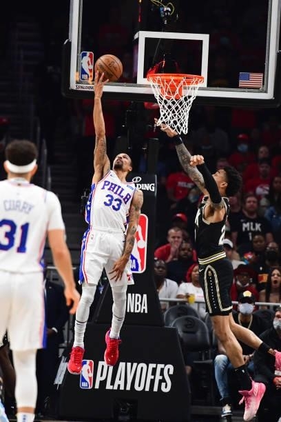 George Hill of the Philadelphia 76ers shoots the ball against the Atlanta Hawks during Round 2, Game 6 of the Eastern Conference Playoffs on June 18,...