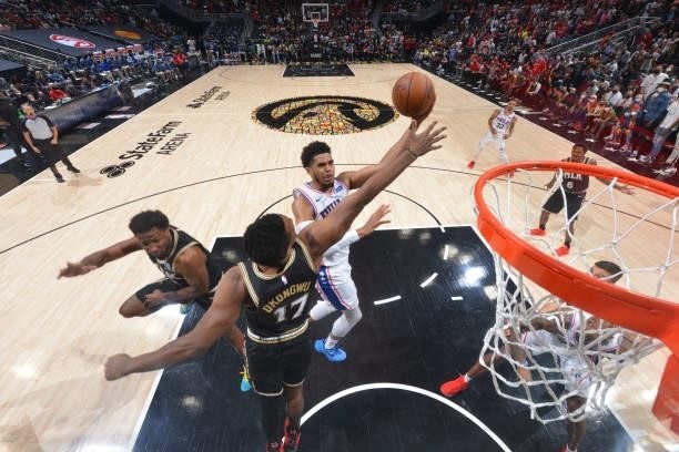 Tobias Harris of the Philadelphia 76ers shoots the ball against the Atlanta Hawks during Round 2, Game 6 of the Eastern Conference Playoffs on June...