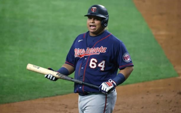 Willians Astudillo of the Minnesota Twins reacts during an at bat against the Texas Rangers during the fourth inning at Globe Life Field on June 18,...