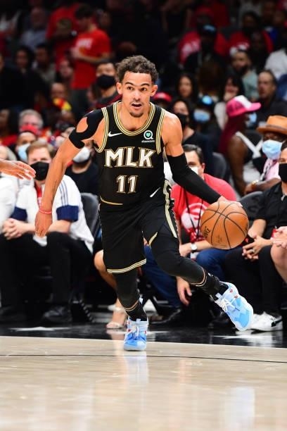 Trae Young of the Atlanta Hawks handles the ball against the Philadelphia 76ers during Round 2, Game 6 of the Eastern Conference Playoffs on June 18,...