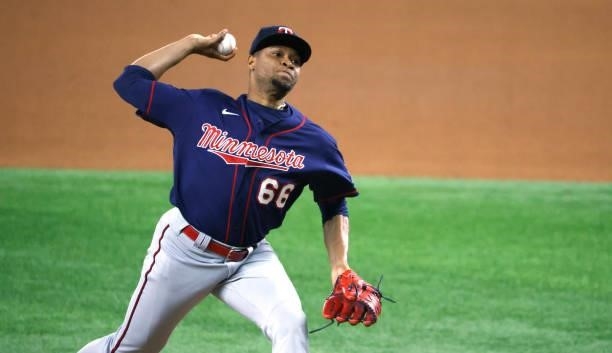 Jorge Alcala of the Minnesota Twins pitches against the Texas Rangers during the seventh inning at Globe Life Field on June 18, 2021 in Arlington,...