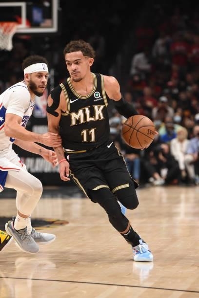 Trae Young of the Atlanta Hawks handles the ball against the Philadelphia 76ers during Round 2, Game 6 of the Eastern Conference Playoffs on June 18,...