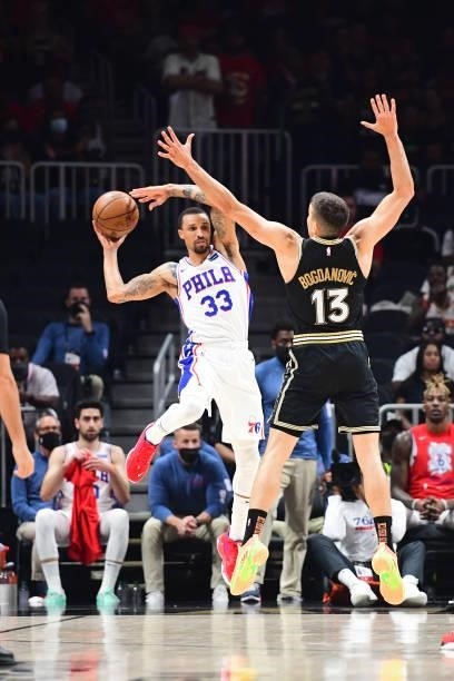 George Hill of the Philadelphia 76ers looks to pass the ball against the Atlanta Hawks during Round 2, Game 6 of the Eastern Conference Playoffs on...