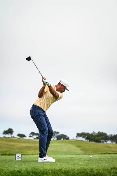 Tony Finau at the top of his swing as he plays his shot from the second tee during the second round of the 121st U.S. Open on the South Course at...