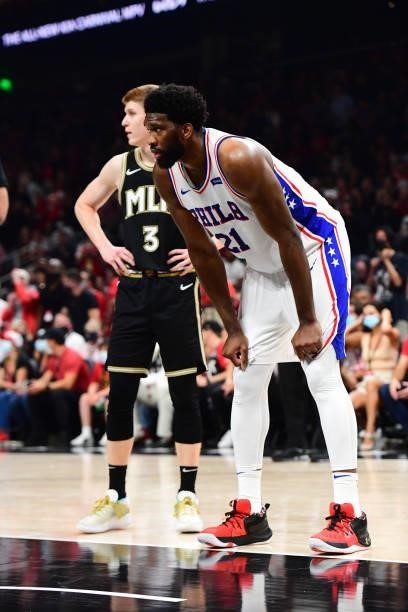 Joel Embiid of the Philadelphia 76ers looks on during the game against the Atlanta Hawks during Round 2, Game 6 of the Eastern Conference Playoffs on...