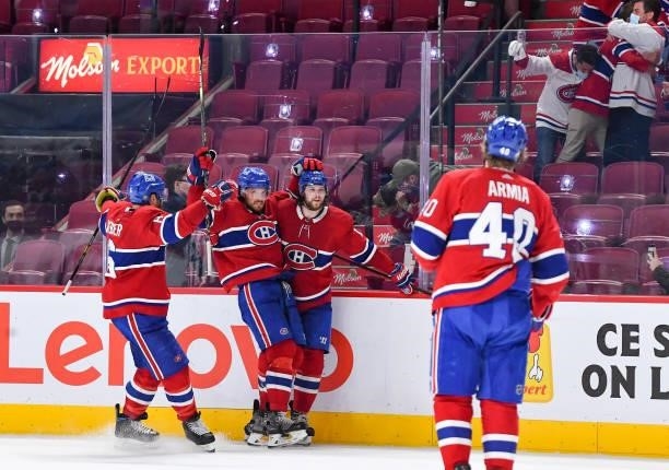 June 18: Josh Anderson of the Montreal Canadiens celebrates with teammates after scoring a goal against the Vegas Golden Knights in Game Three of the...