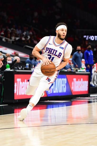 Seth Curry of the Philadelphia 76ers looks to shoot the ball against the Atlanta Hawks during Round 2, Game 6 of the Eastern Conference Playoffs on...