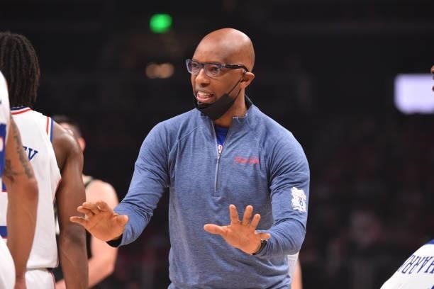 Assistant Coach Sam Cassell of the Philadelphia 76ers reacts during Round 2, Game 6 of the Eastern Conference Playoffs on June 18, 2021 at State Farm...