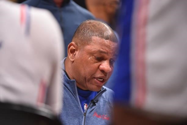 Head Doc Rivers of the Philadelphia 76ers talks to his team during a huddle during Round 2, Game 6 of the Eastern Conference Playoffs on June 18,...
