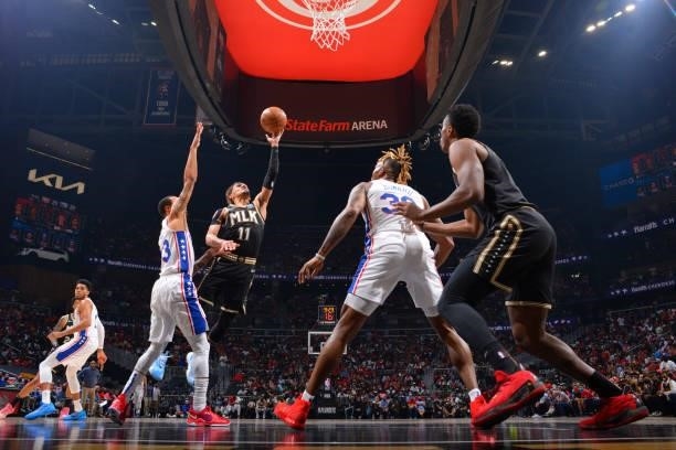 Trae Young of the Atlanta Hawks shoots the ball against the Philadelphia 76ers during Round 2, Game 6 of the Eastern Conference Playoffs on June 18,...