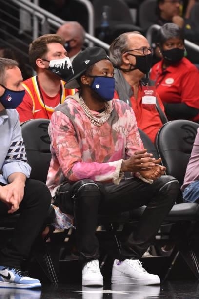 Rapper, Meek Mill, attends a game between the Philadelphia 76ers and the Atlanta Hawks during Round 2, Game 6 of the Eastern Conference Playoffs on...