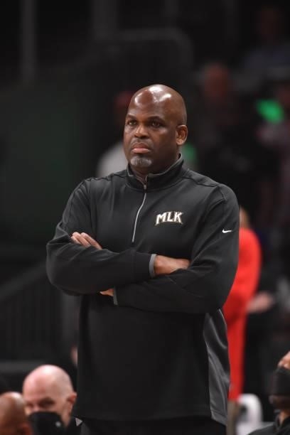 Head Coach Nate McMillan of the Atlanta Hawks looks on during Round 2, Game 6 of the Eastern Conference Playoffs on June 18, 2021 at State Farm Arena...