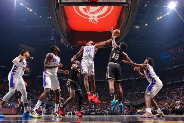 Dwight Howard of the Philadelphia 76ers grabs the rebound against the Atlanta Hawks during Round 2, Game 6 of the Eastern Conference Playoffs on June...