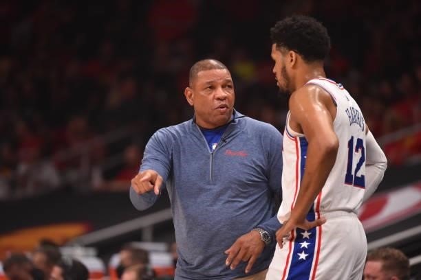 Head Coach Doc Rivers and Tobias Harris of the Philadelphia 76ers talk during Round 2, Game 6 of the Eastern Conference Playoffs on June 18, 2021 at...