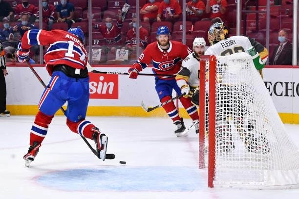 June 18: Josh Anderson of the Montreal Canadiens scores a goal after goaltender Marc-Andre Fleury of the Vegas Golden Knights loses control of the...