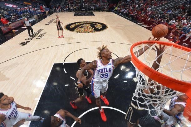 Dwight Howard of the Philadelphia 76ers grabs the rebound against the Atlanta Hawks during Round 2, Game 6 of the Eastern Conference Playoffs on June...